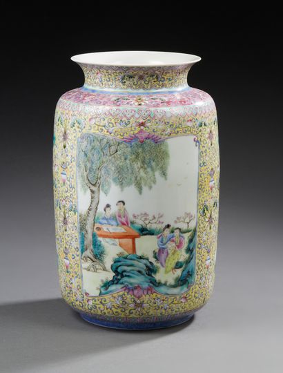CHINE A cylindrical porcelain vase decorated in famille rose enamels with two women...