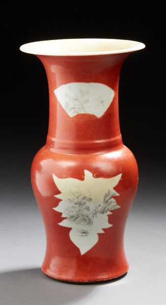 CHINE Small baluster vase in porcelain with a coral background decorated with landscapes...