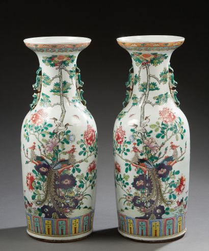 CHINE Pair of large baluster vases decorated in polychrome with phoenixes on rocks...
