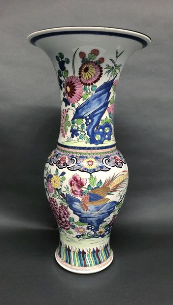 CHINE Polychrome porcelain vase mounted in a lamp decorated with flowers. H.: 47...