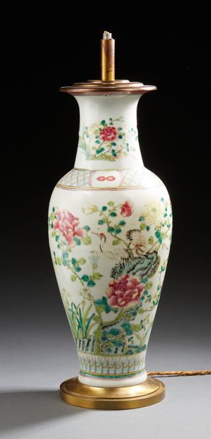 CHINE Porcelain vase decorated in Famille Rose enamels mounted as a lamp. Late 19th...
