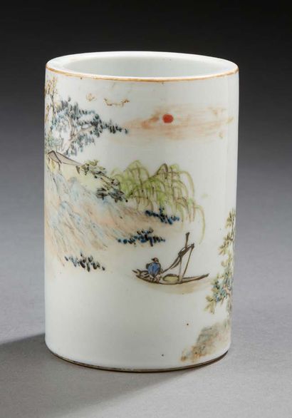 CHINE Two cylindrical porcelain brush holders decorated in polychrome with naturalistic...