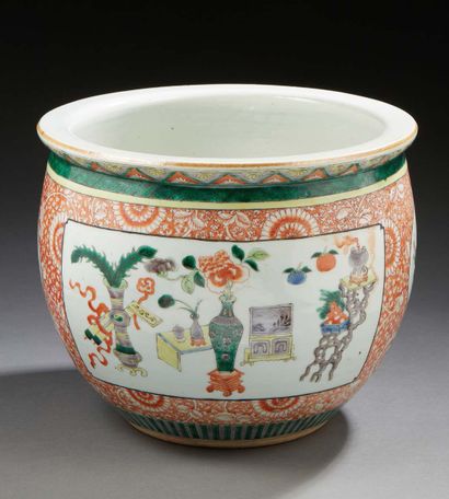CHINE Circular porcelain fishbowl decorated with green family enamels of prunus flowers...