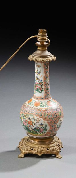 CHINE Porcelain lamp base decorated in green family enamels with birds in foliage....