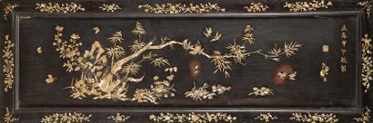 INDOCHINE ou CHINE Rectangular dark wood panel inlaid with mother-of-pearl with bamboo...