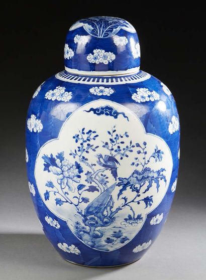 CHINE Large ovoid covered ginger pot decorated in blue underglaze with birds and...