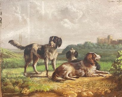 null Eugène VERBOECKHOVEN (1798/99-1881)

Three hunting dogs

Oil on panel, signed...