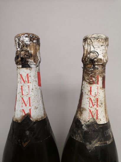 null 
2 bouteilles CHAMPAGNE G. H MUMM Cordon rouge 1966
Etiquettes et coiffes légèrement...