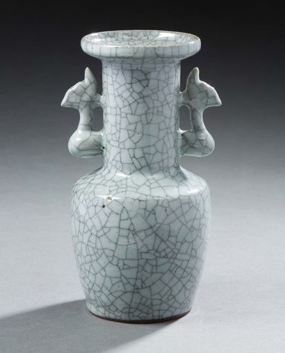 CHINE Baluster vase in ceramic with grey cracked glaze type GE, the handles with...