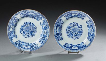 CHINE Pair of porcelain plates decorated in blue underglaze with flowers and foliage....