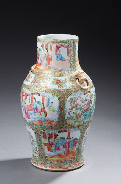CHINE Porcelain baluster vase decorated in Canton polychrome enamels with palace...