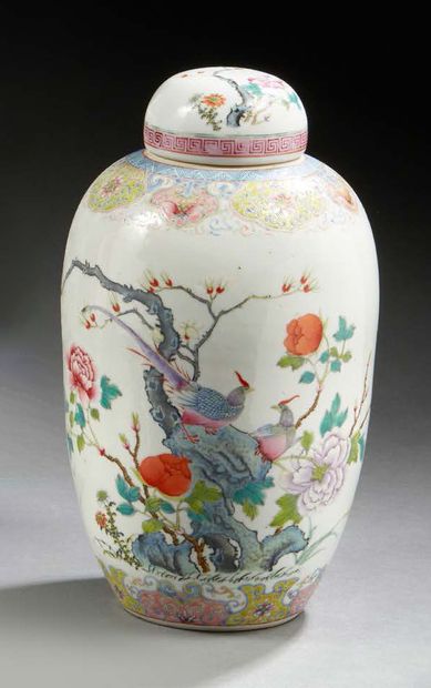 CHINE Porcelain covered pot decorated in enamels with Phoenix on branches.
Republic...