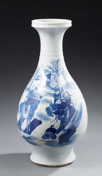 CHINE Vase with long narrow neck decorated in blue underglaze with horsemen on a...