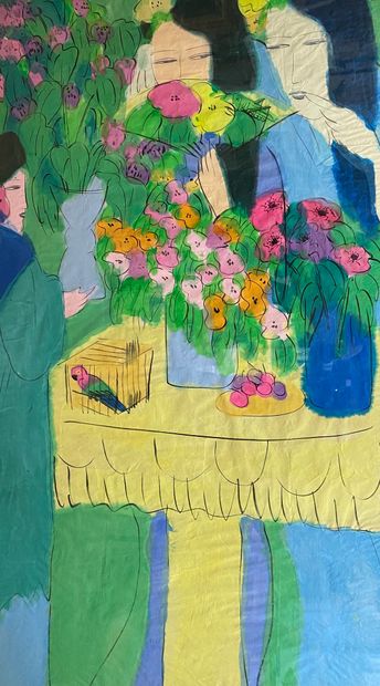 TING Walasse (1929-2010) Young women with flowers.
Mixed media on paper
Signed upper...