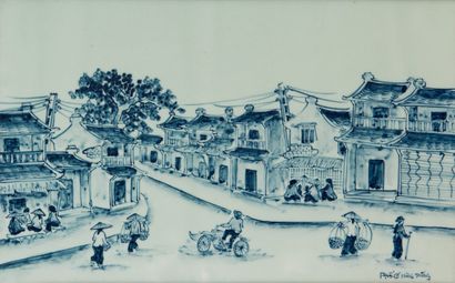 VIETNAM Two rectangular porcelain wall plaques representing views of cities animated...