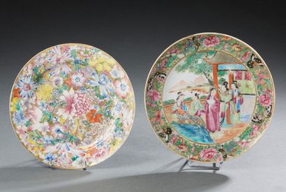 CHINE Two dessert plates, one decorated in polychrome with characters in a garden...