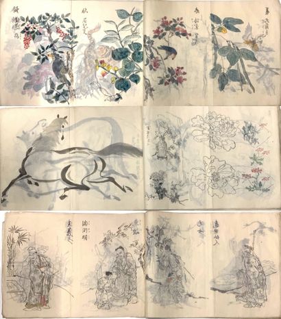 JAPON Interesting and beautiful album on silk paper comprising 43 sheets, some with...