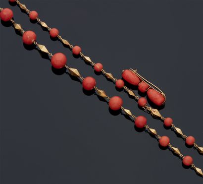 null A yellow gold and coral set consisting of a brooch and a necklace.
Gross weight:...