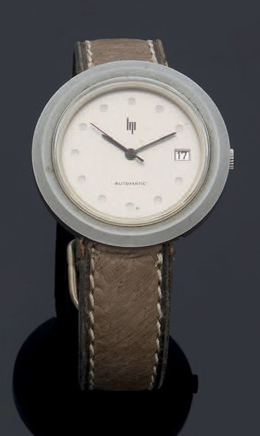 LIP Wristwatch in frosted steel, round shape, dot indexes, baton hands and large...