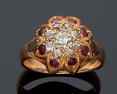 null 750 mm pink gold DOME RING set with small old-cut diamonds and small rubies...