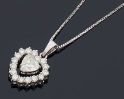 null A 750 mm white gold pendant holding an articulated motif consisting of a heart-shaped...