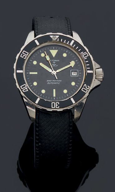 LE FORBAN, SÉCURITÉ MER Men's steel wristwatch, black dial, baton hour markers, second...