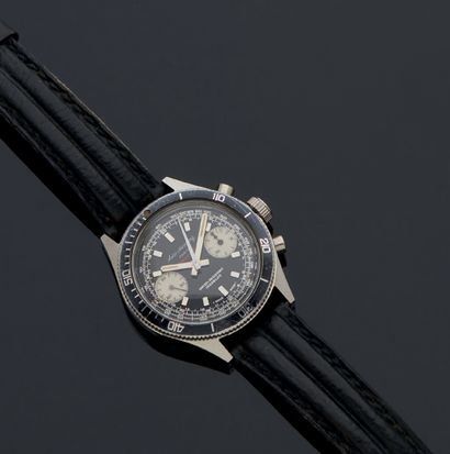 AERO-SHOPPING Vers 1970. 
Steel CHRONOGRAPH-BRACELET, black enamelled dial with two...