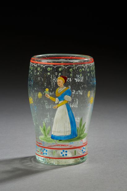 null Glass with polychrome enamelled decoration of a peasant woman and a seedling...