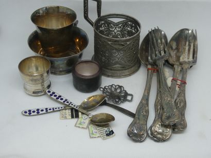 null Set of silver and silver plated metal including English MA cutlery, two enamelled...