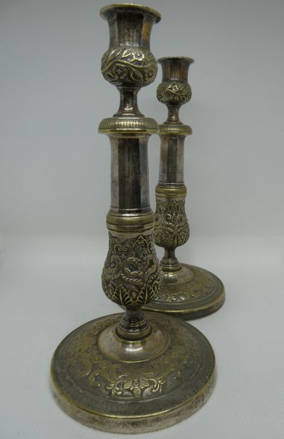 null Pair of silver metal candle holders. Work of the 19th century. Ht : 26cm
