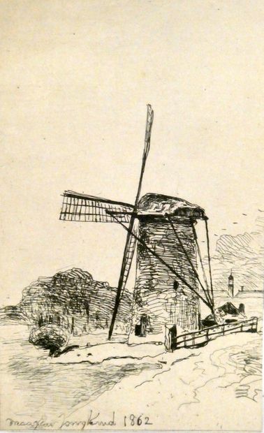 null Johan Barthold JONGKIND (1819-1891), attribué à 

Moulin en bord de route. 

Eau...