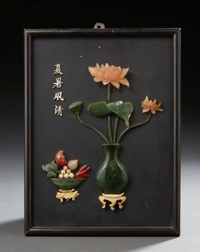 CHINE Black veneered rectangular panel with compositions of flowering vases and fruit...