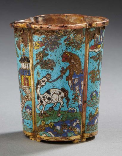 CHINE A cloisonné bronze brush holder of poly-lobed shape decorated with pagodas...