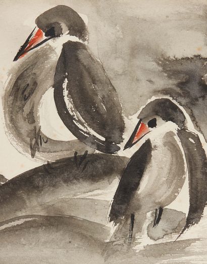 LIN FENGMIAN (1900-1991) Watercolour depicting two birds.
Size: 23 x 28.5 cm
Provenance:
Brazilian...