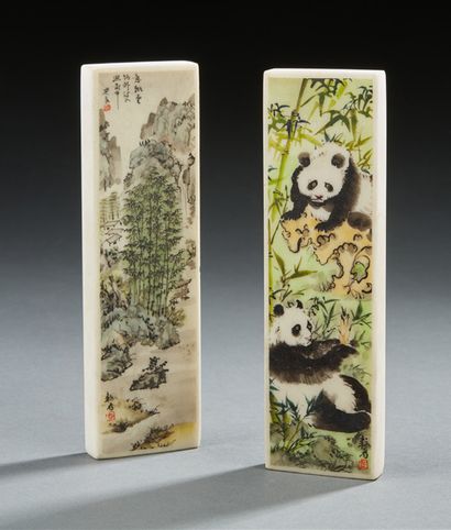 CHINE Two stone plates. One painted with a decoration of two pandas (signed), the...