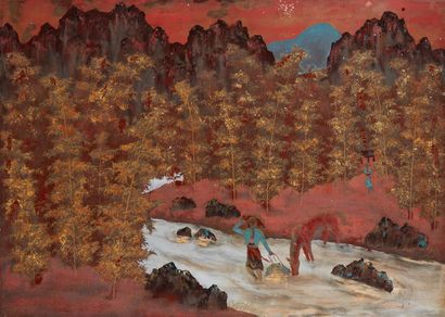 VIETNAM Lacquer panel with a scene of a fisherman in a stream.
Around 1930/50.
Dim....