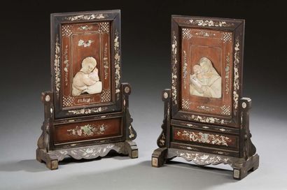 INDOCHINE Pair of fruitwood panels with mother-of-pearl inlays.
Around 1900.
H. :...
