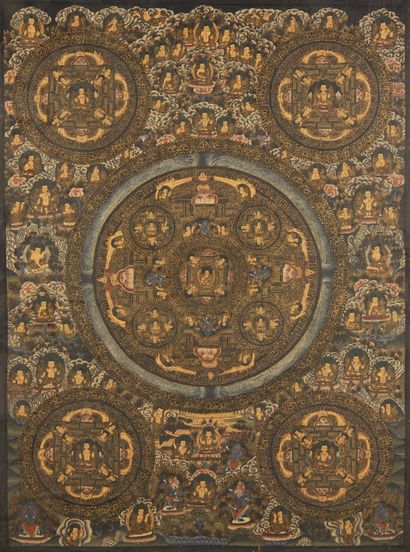 CHINE Tangka on fabric.
XXth century.
Dim. : 59 x 44 cm