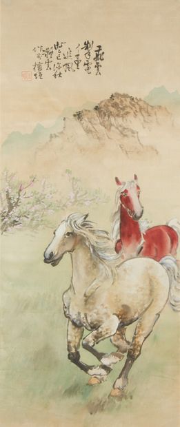 CHINE Ink and colours on Chinese paper, two horses running on the meadow. 
 With...