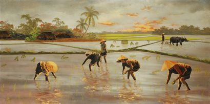 VIETNAM Laque figurant des ramasseurs dans une rizière.
Signée
Dim: 60 x 120 cm