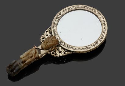 CHINE Hand mirror in incised metal decorated with coloured stones, the handle decorated...