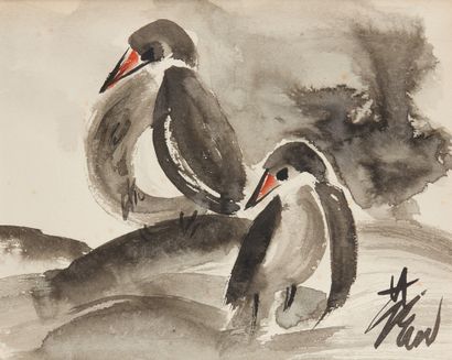 LIN FENGMIAN (1900-1991) Aquarelle figurant deux volatiles.
Dim. : 23 x 28,5 cm
Provenance...