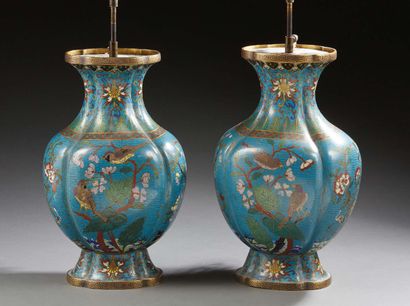 CHINE Pair of cloisonné bronze vases. Ribbed model of baluster shape with flattened...