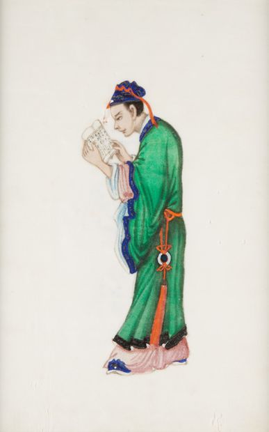 CHINE Ensemble de huit peintures sur papier de riz à décors polychromes divers :...