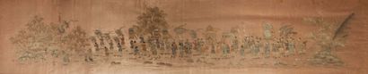 VIETNAM Large embroidery depicting a procession of dignitaries.
Around 1900.
Dim....