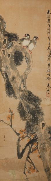 CHINE Ink and colours on paper showing two birds on a branch.
With a calligraphic...