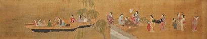 JAPON Broderie figurant une scène de voyage animée sur soie.
Vers 1900.
Dim. : 41...