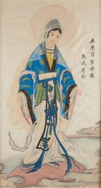 CHINE Peinture sur tissu figurant une femme, marqué l'immaculée Notre-Dame.
Dim:...