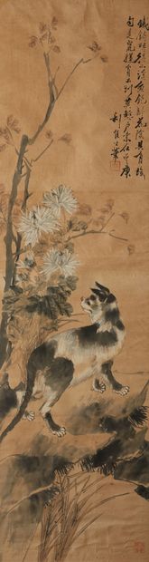 CHINE Encre et couleurs sur papier figurant un chien entre les chrysanthèmes et un...