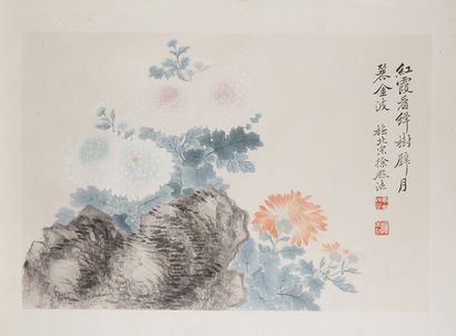 CHINE Quartre peintures encre et couleurs sur papier.
-Fleurs parimi la pierre, une...